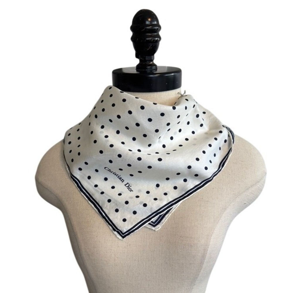 Christian Dior Vintage Silk Square Scarf Polka Dot White Navy Blue 19in
